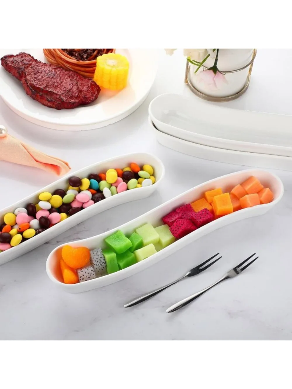 Set of 4 Olive Boat Trays with Forks - 12” Arc Shape Ceramic Dishes for